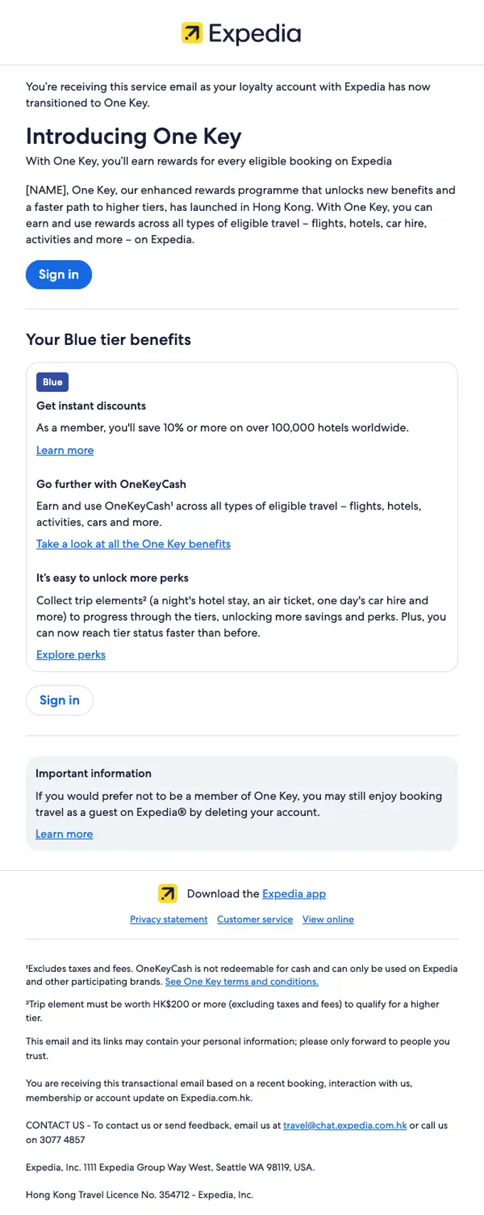 Expedia account notice email, full length