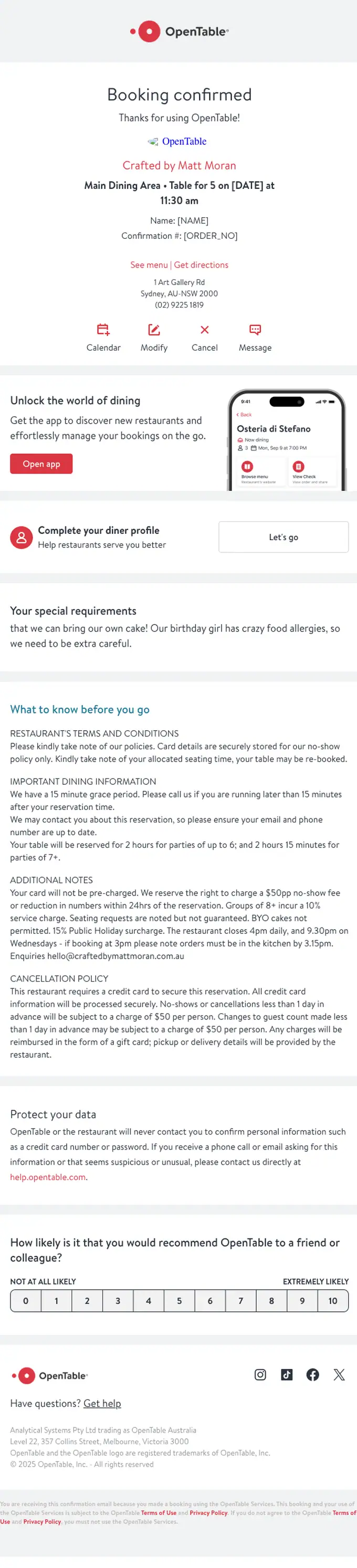 OpenTable booking confirmation email, full length
