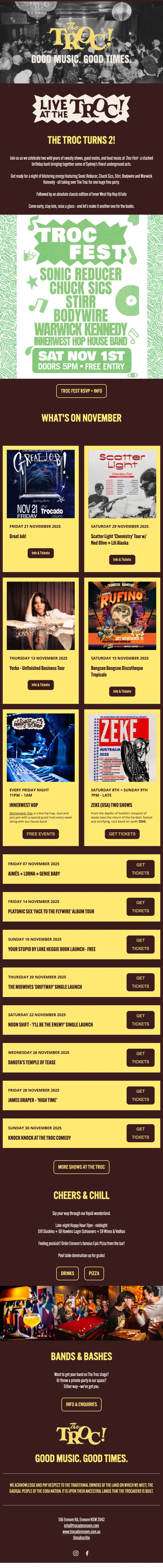 The Trocadero Room newsletter email, full length
