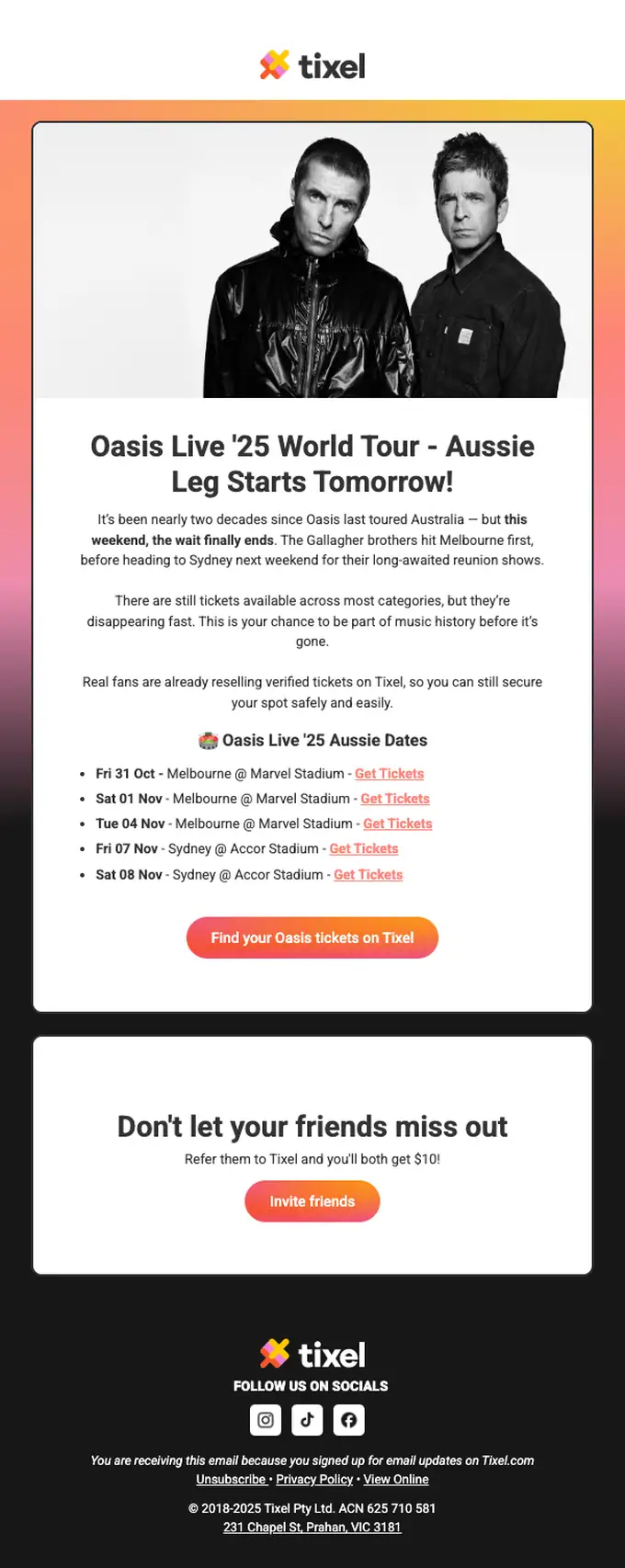 Tixel promotional email, full length