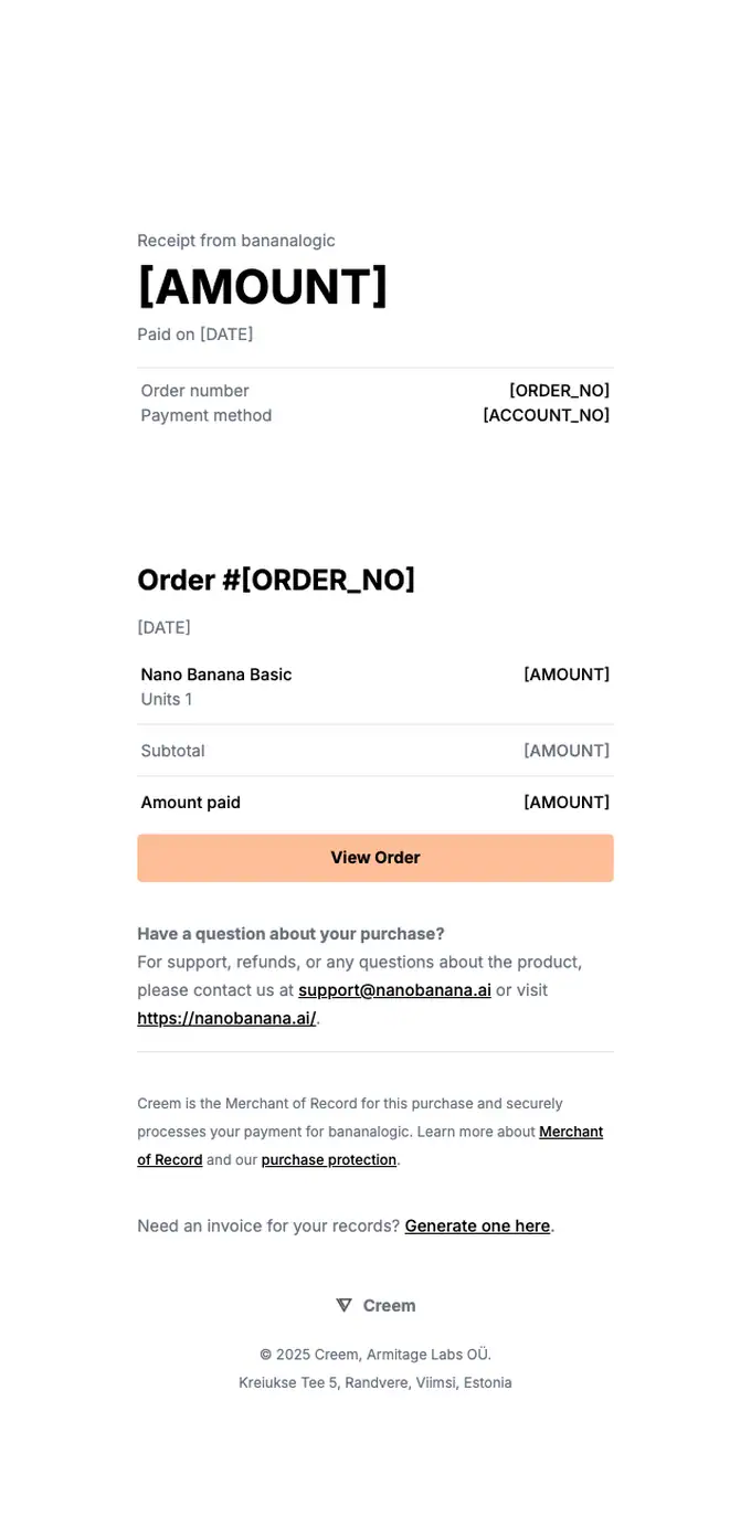 Creem receipt email, full length