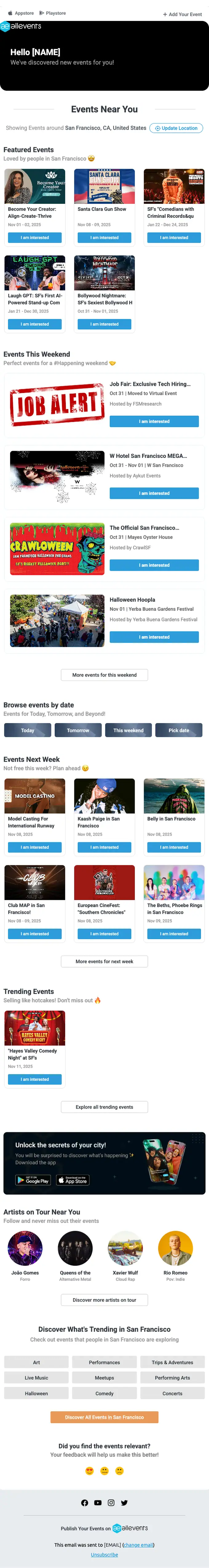 AllEvents newsletter email, full length