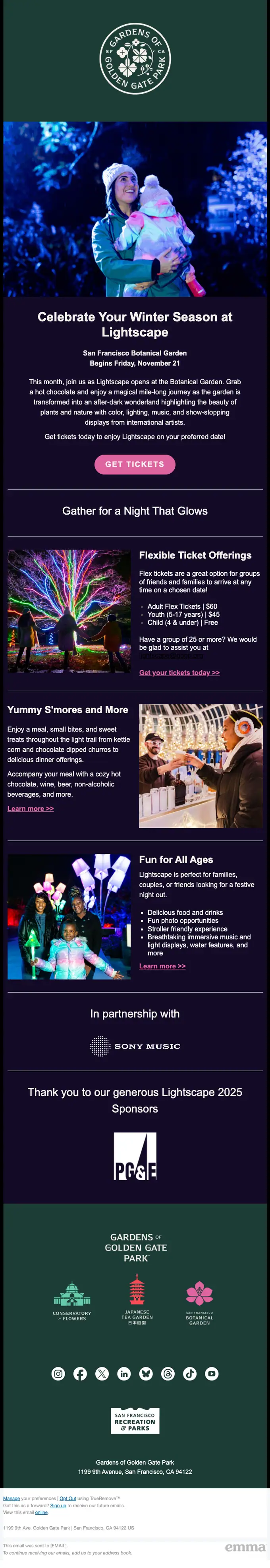 Gardens of Golden Gate Park event invite email, full length