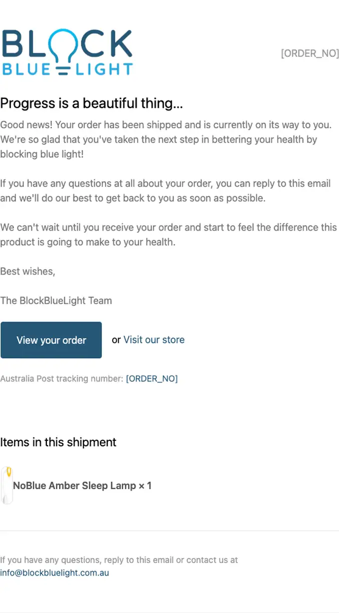 BlockBlueLight AU shipping email, full length