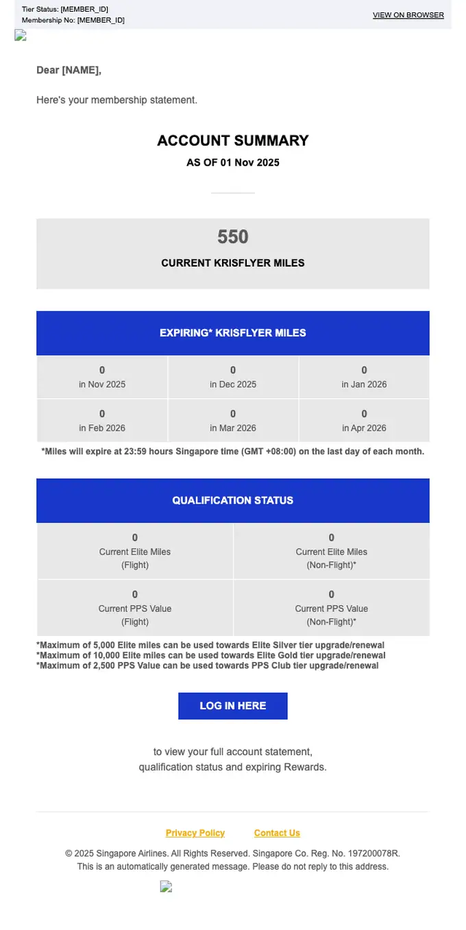 KrisFlyer account notice email, full length