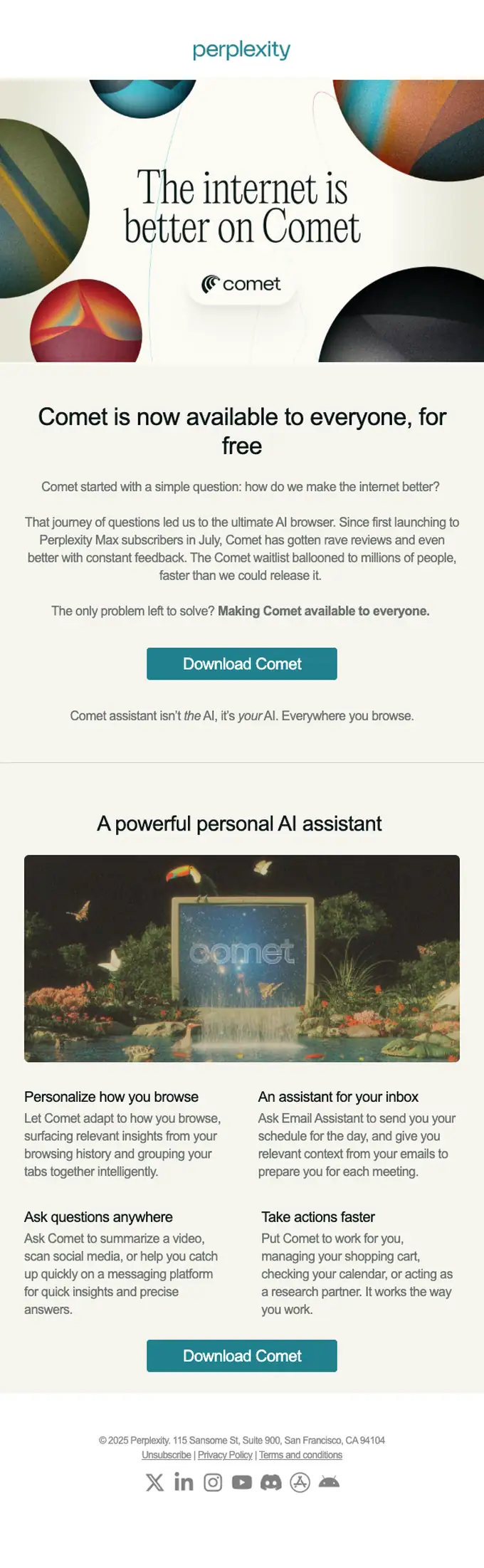 Perplexity product launch email, full length