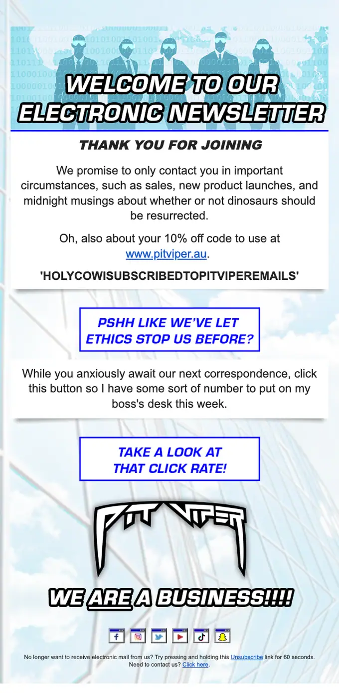 Pit Viper Australia welcome email, full length