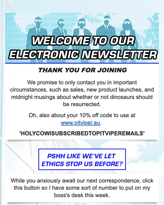 Pit Viper Australia welcome email