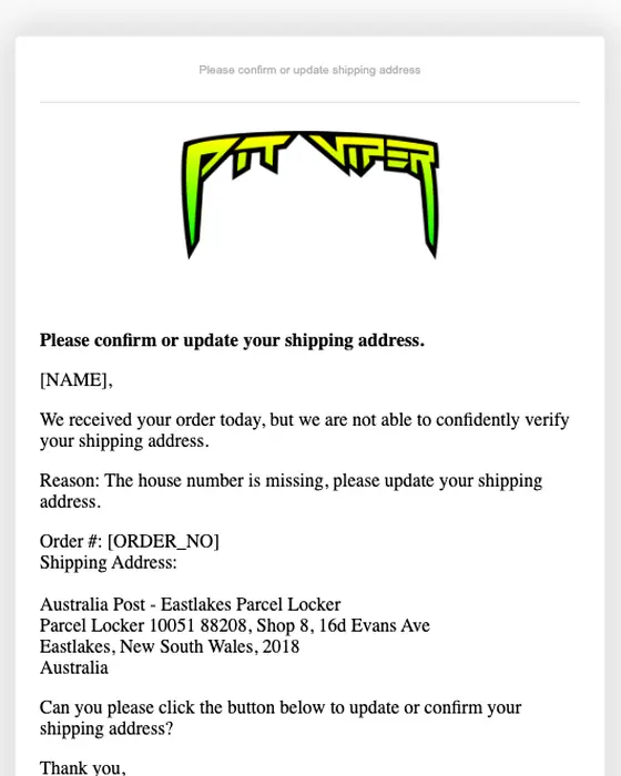 Pit Viper Australia shipping email