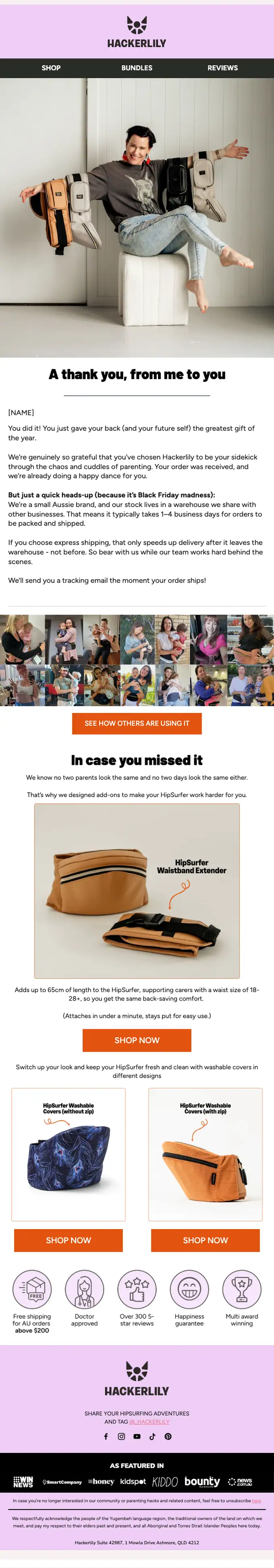 Hackerlily order confirmation email, full length