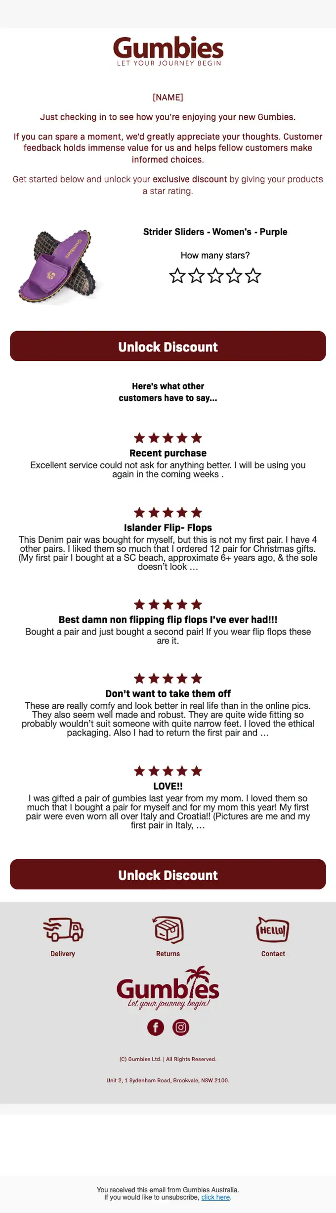 Gumbies Australia survey email, full length