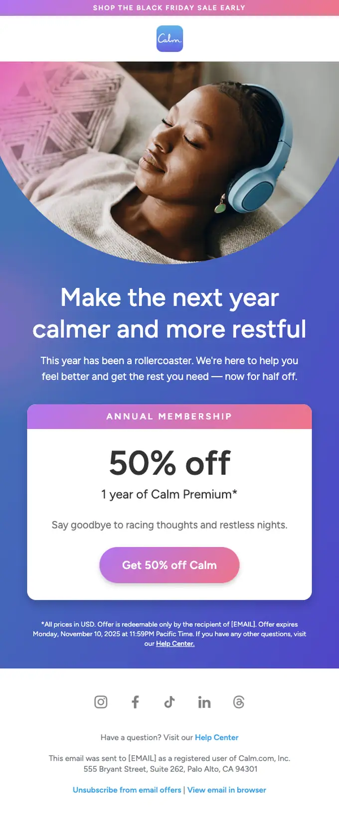 Calm discount offer email, full length