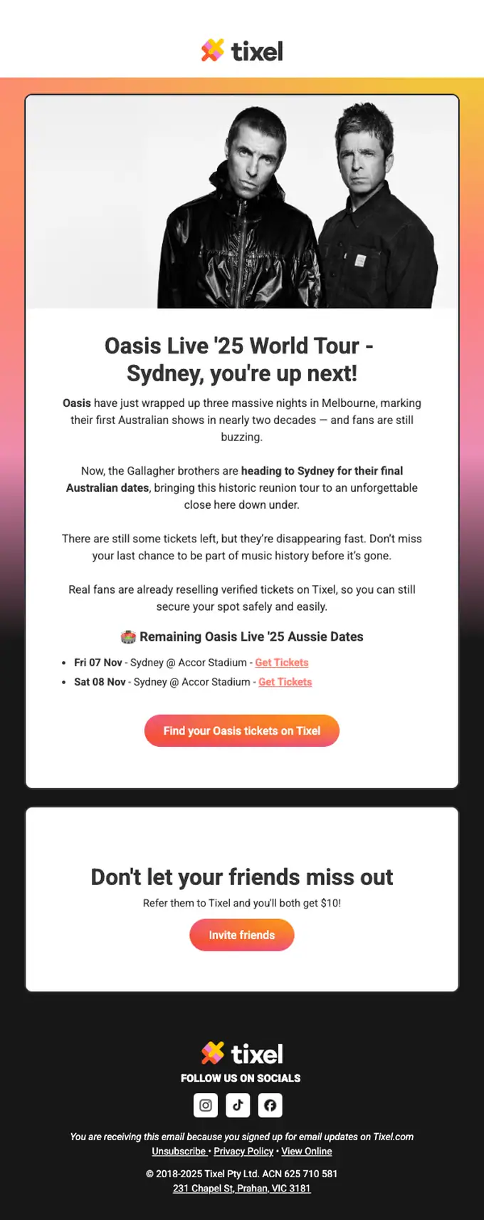 Tixel event invite email, full length