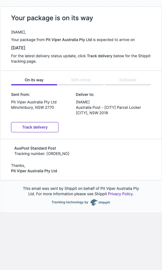 Pit Viper Australia Pty Ltd shipping email, full length