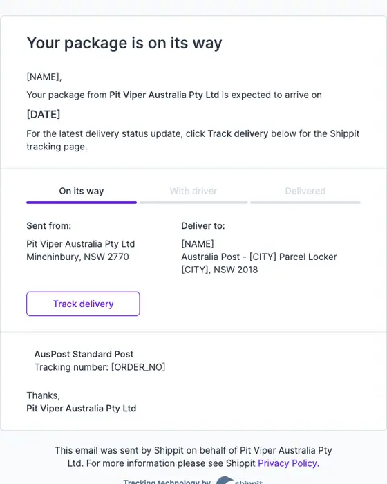 Pit Viper Australia Pty Ltd shipping email