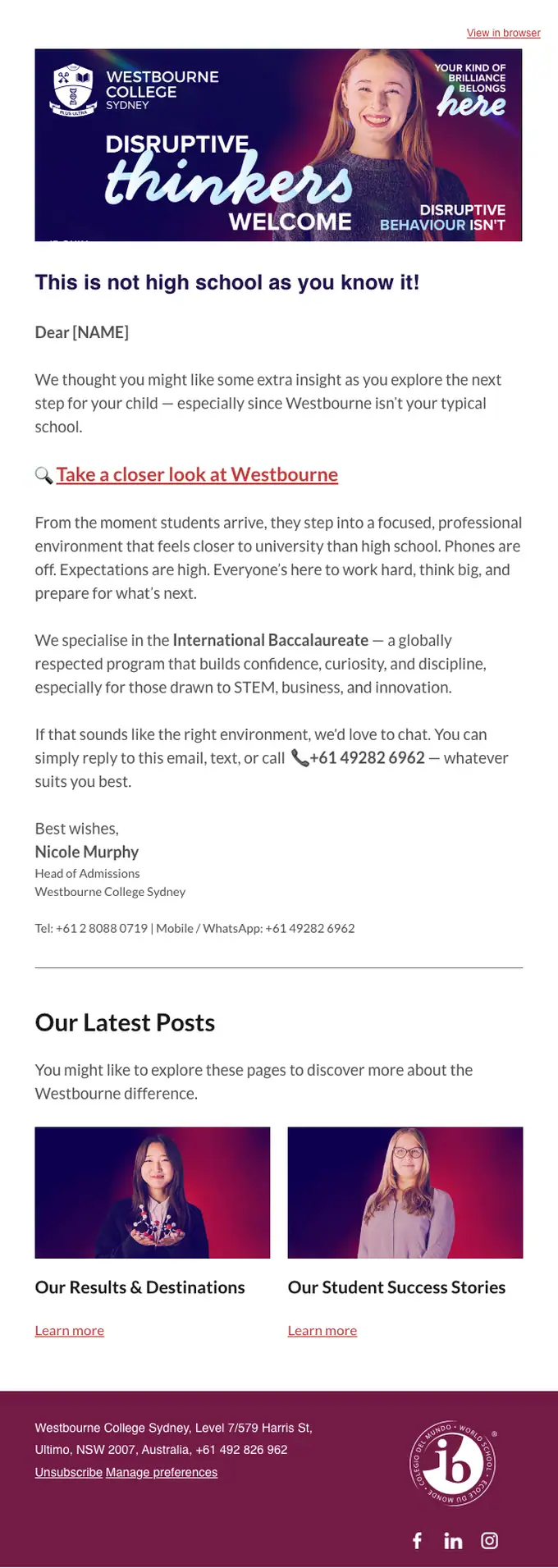 Westbourne College Sydney promotional email, full length