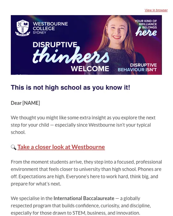 Westbourne College Sydney promotional email: See why ambitious teens choose Westbourne 🔎