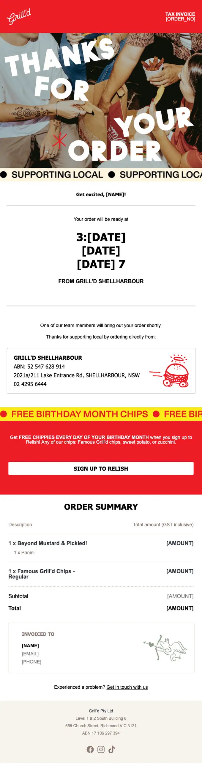 Grill'd order confirmation email, full length