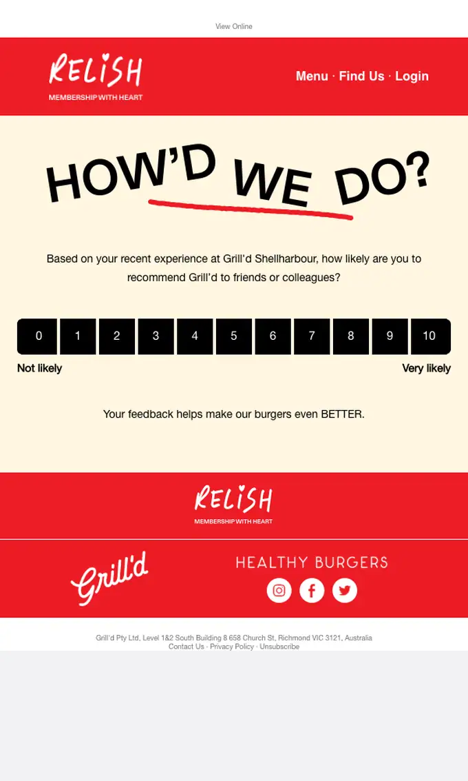 Grill'd Relish survey email, full length