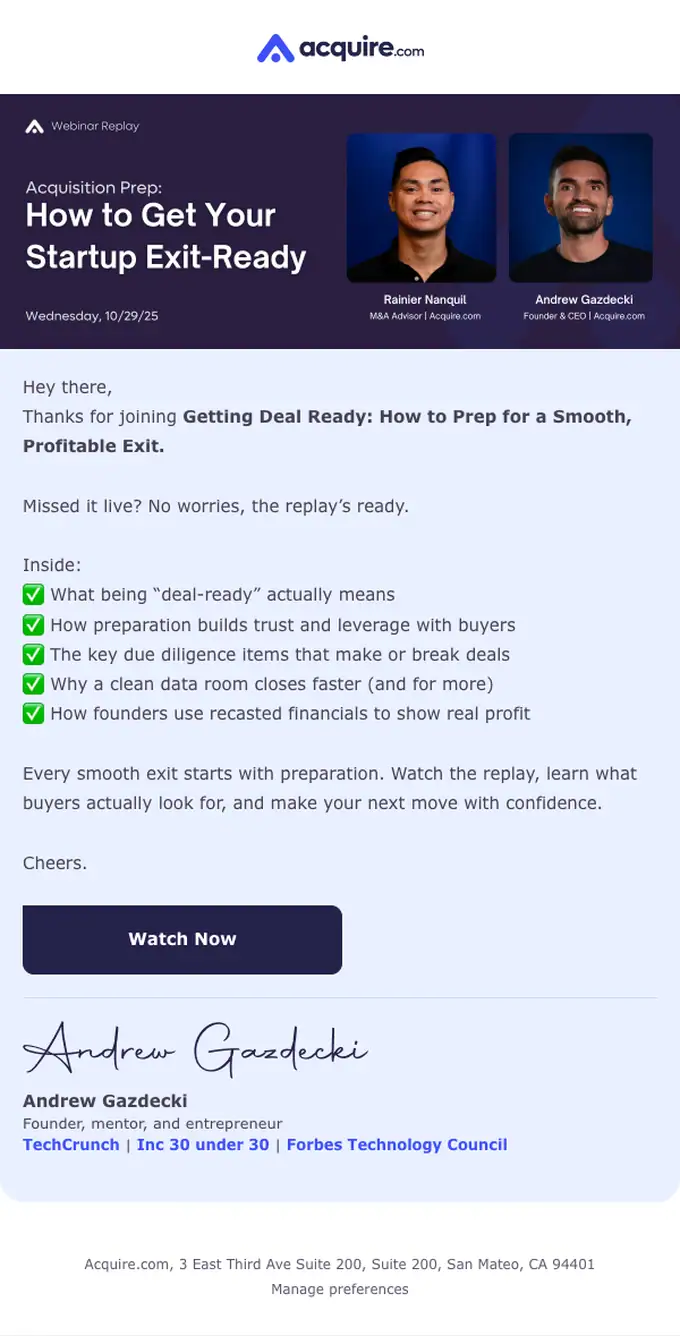Acquire.com webinar email, full length