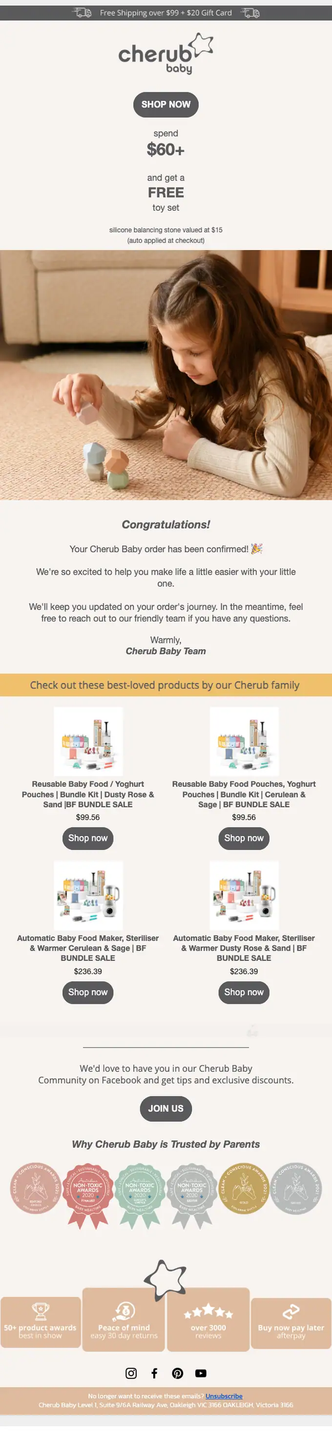 Cherub Baby order confirmation email, full length