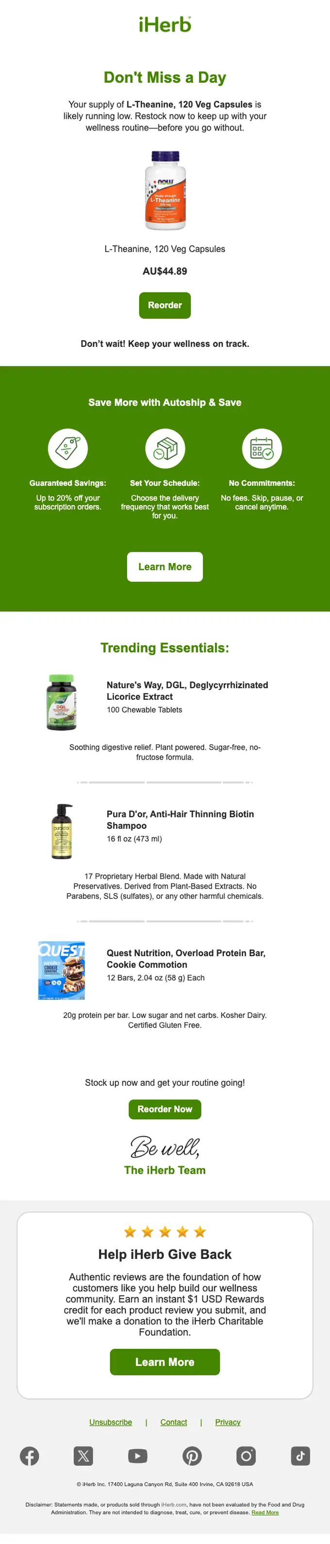 iHerb order reminder email, full length