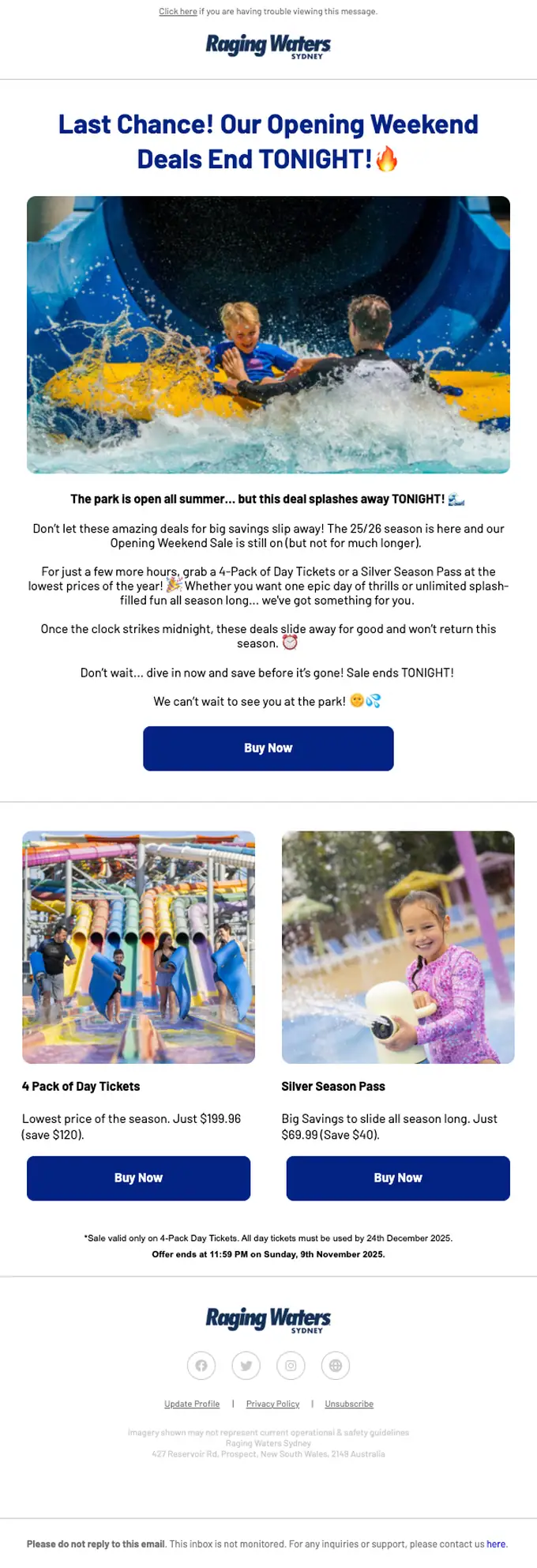Raging Waters Sydney sale email, full length