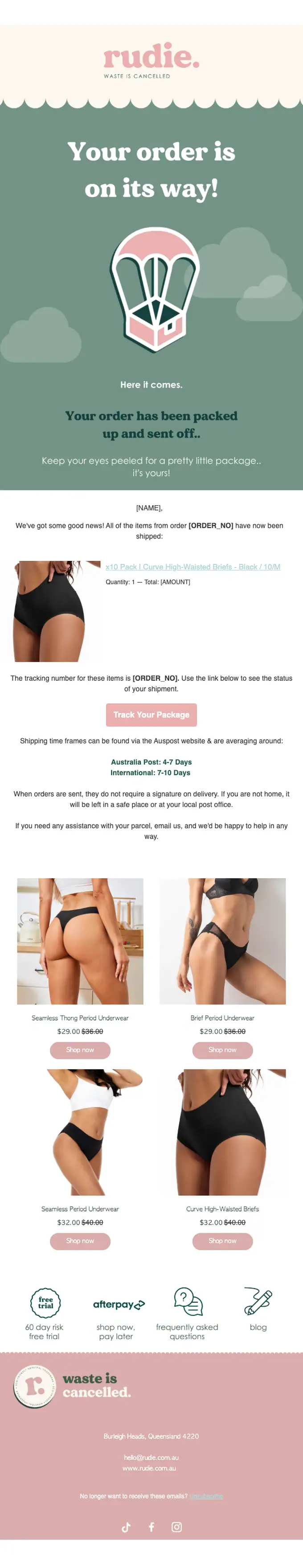 Rudie shipping email, full length
