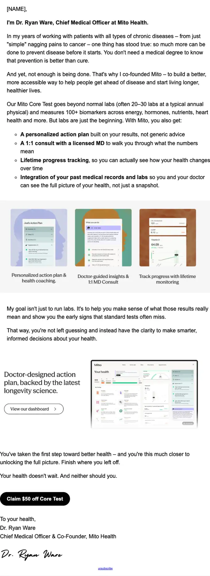 Mito Health promotional email, full length