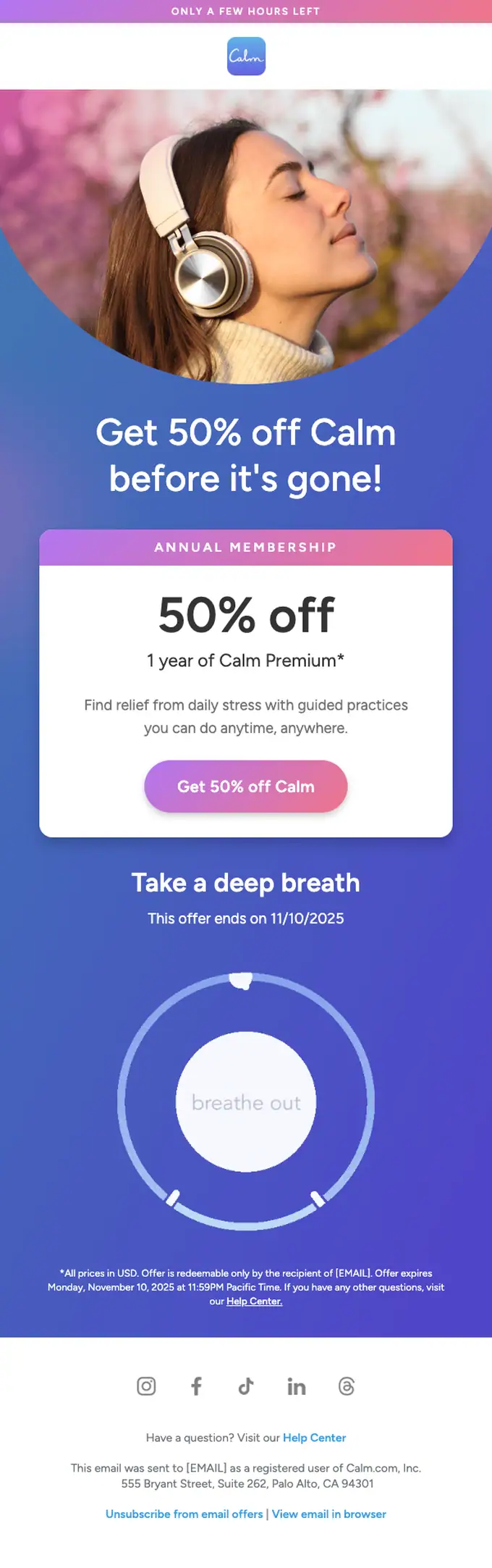 Calm discount offer email, full length