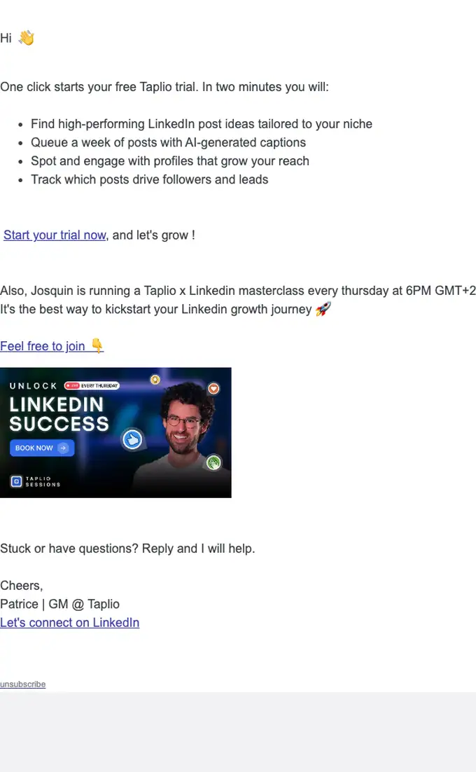 Taplio re engagement email, full length