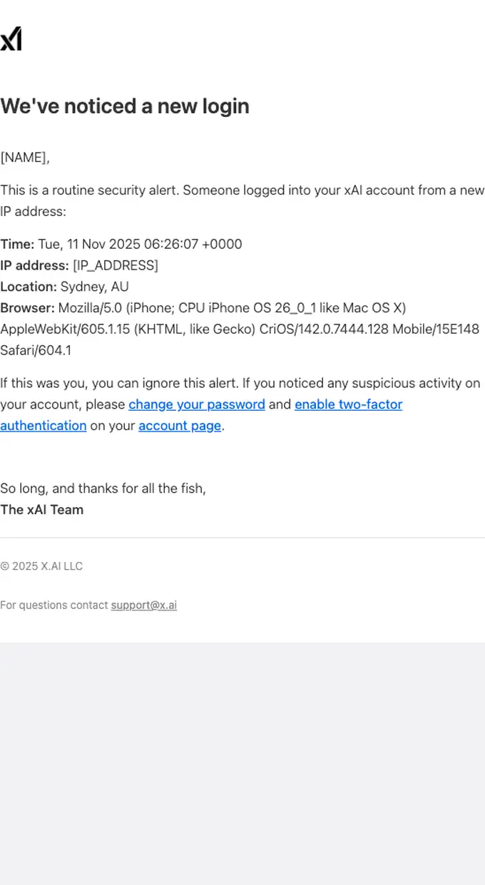 xAI security alert email, full length