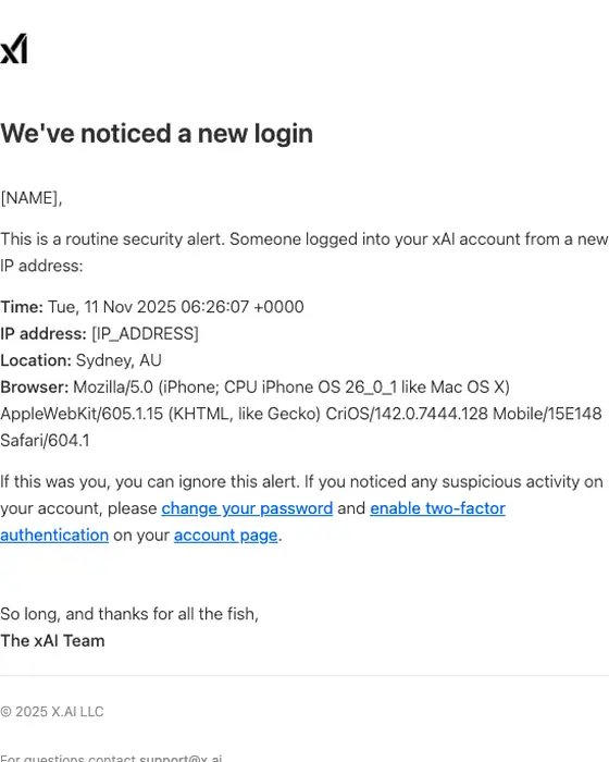 xAI security alert email