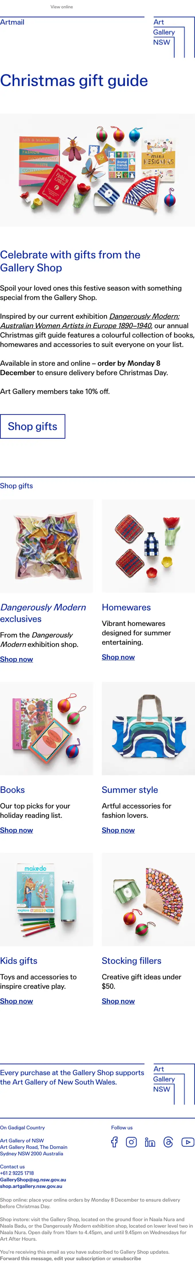 Art Gallery of NSW seasonal email, full length