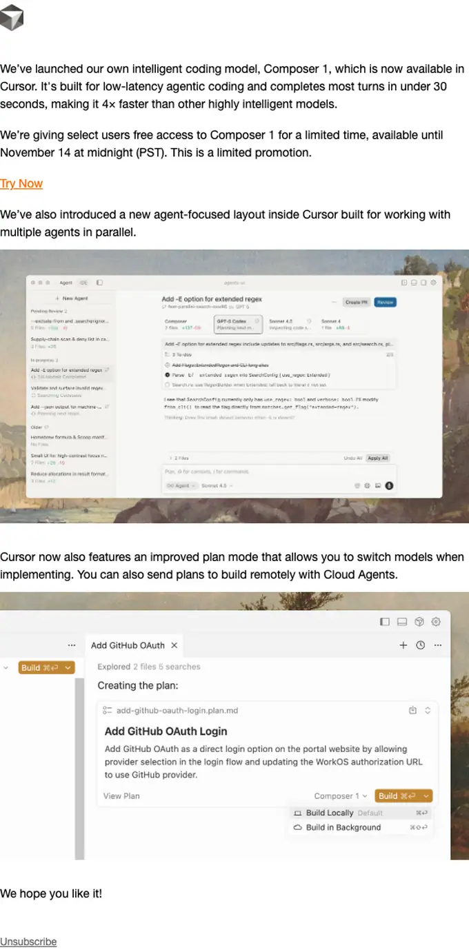 Cursor Team product launch email, full length