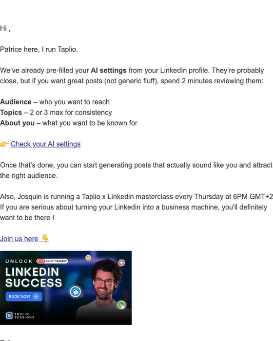 Taplio account notice email