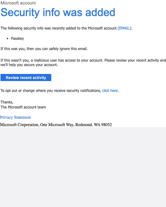 Microsoft account security alert email