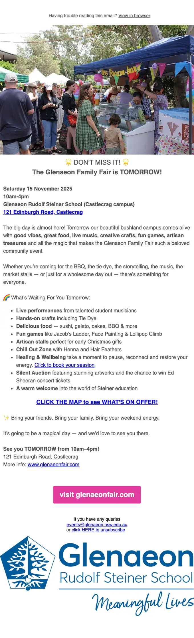 Glenaeon Rudolf Steiner School event invite email, full length