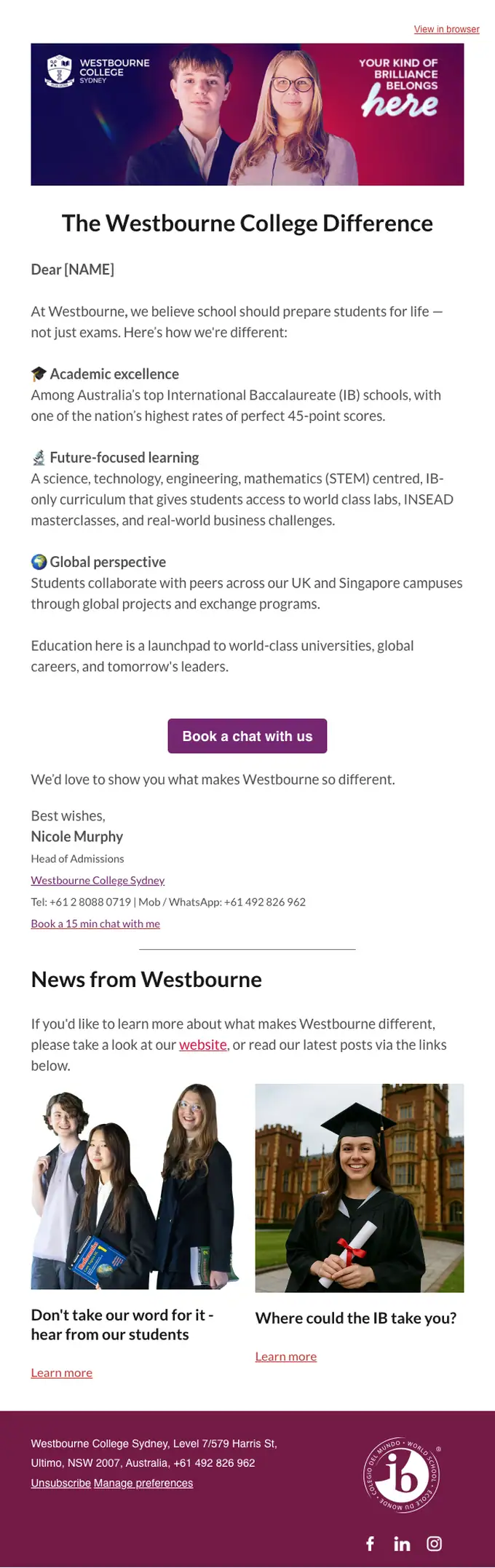 Westbourne College Sydney promotional email, full length