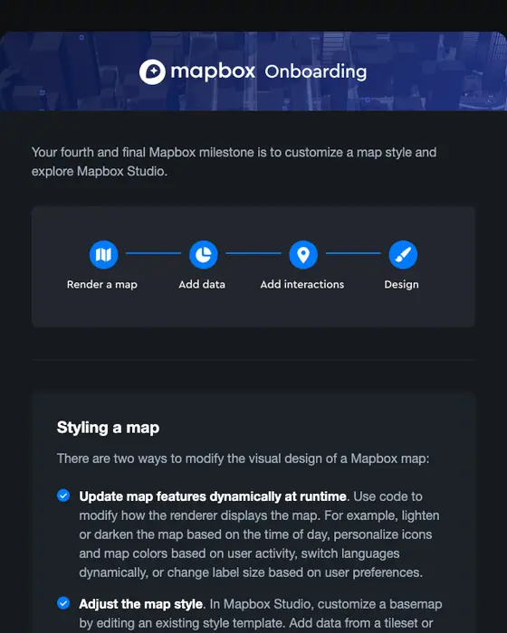 Mapbox drip email: Mapbox Onboarding: Get creative with map design