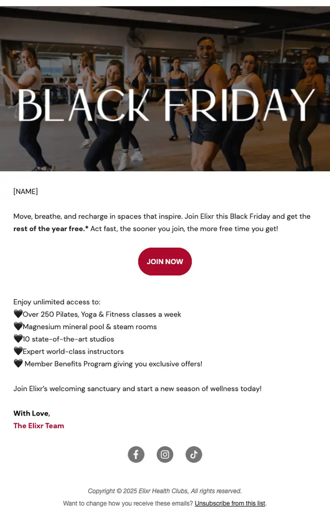 Elixr Health Club sale email, full length