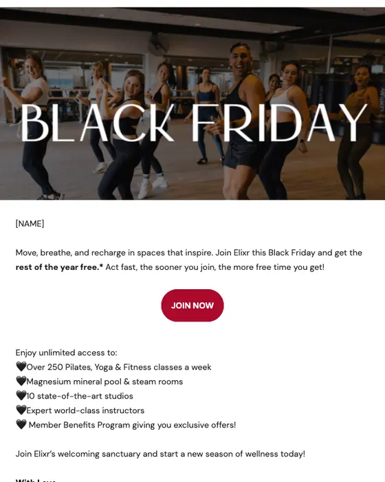 Elixr Health Club sale email