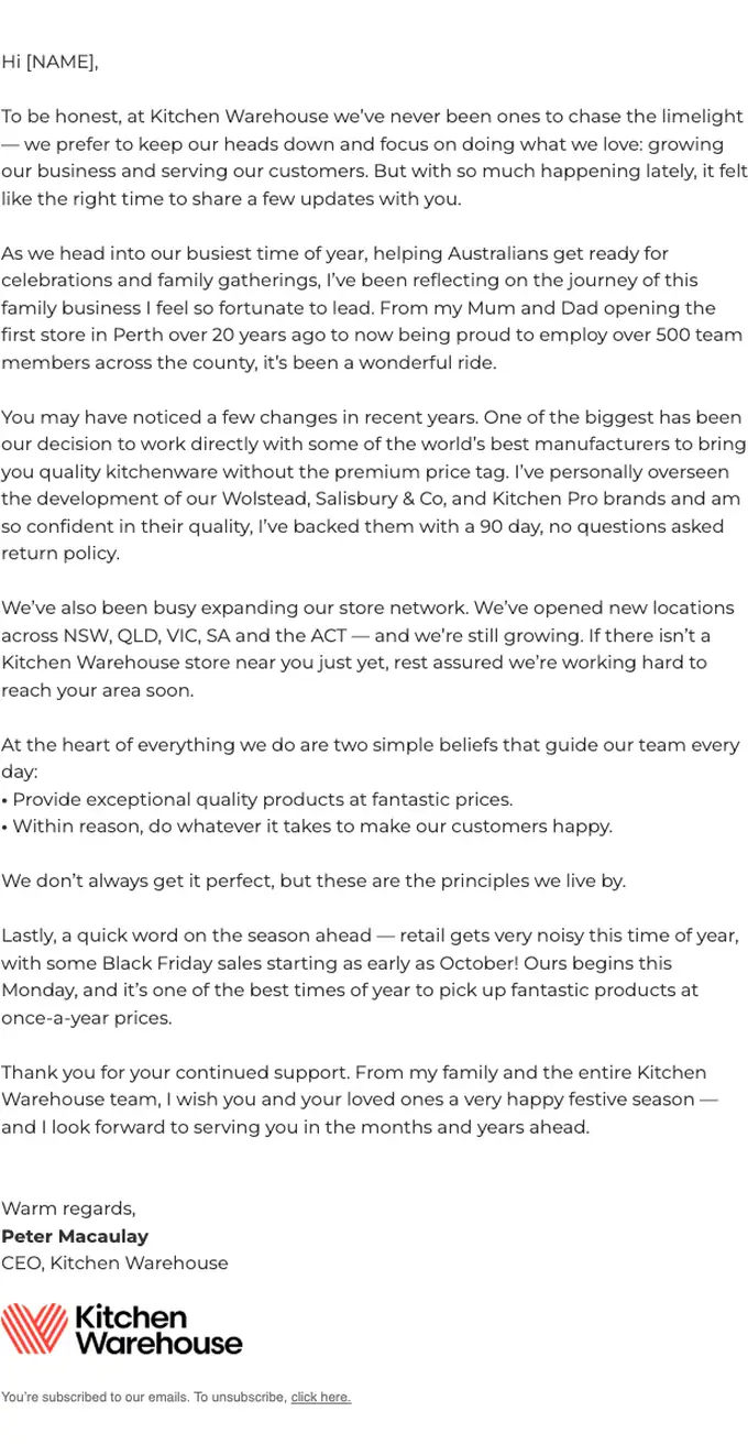 Kitchen Warehouse account notice email, full length