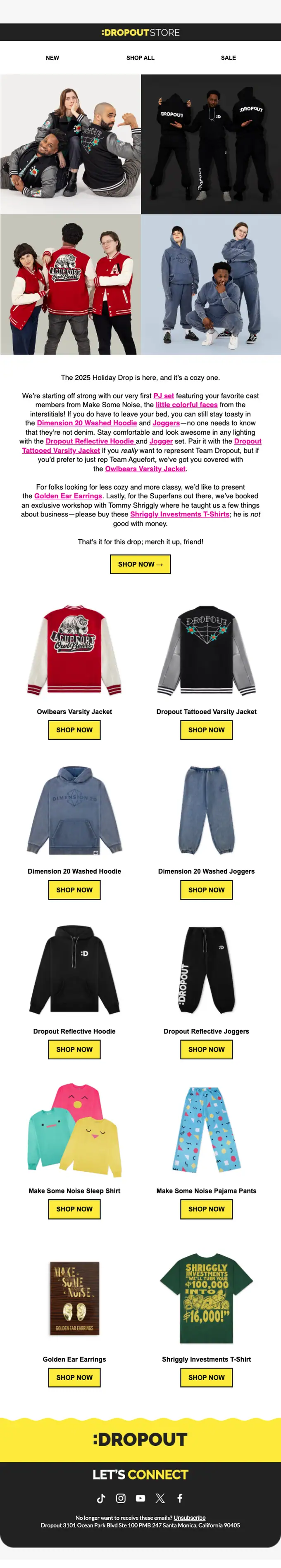 Dropout Merch product launch email, full length