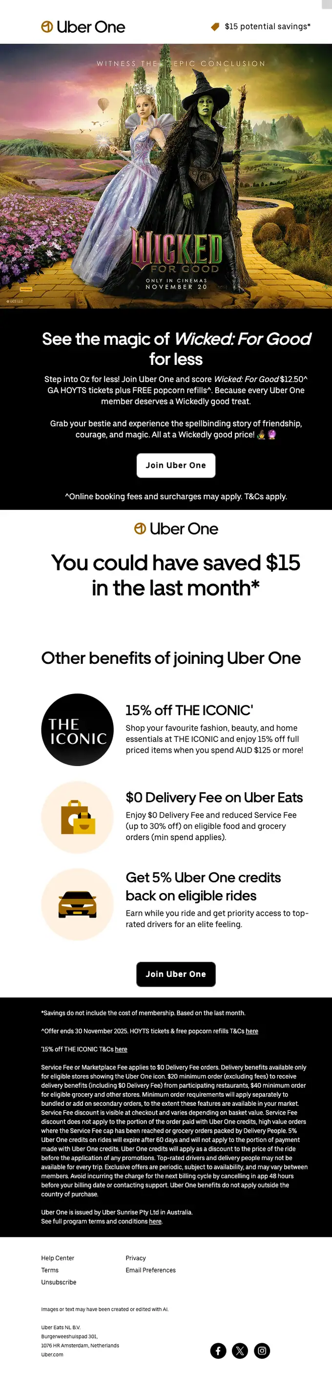 Uber One promotional email, full length
