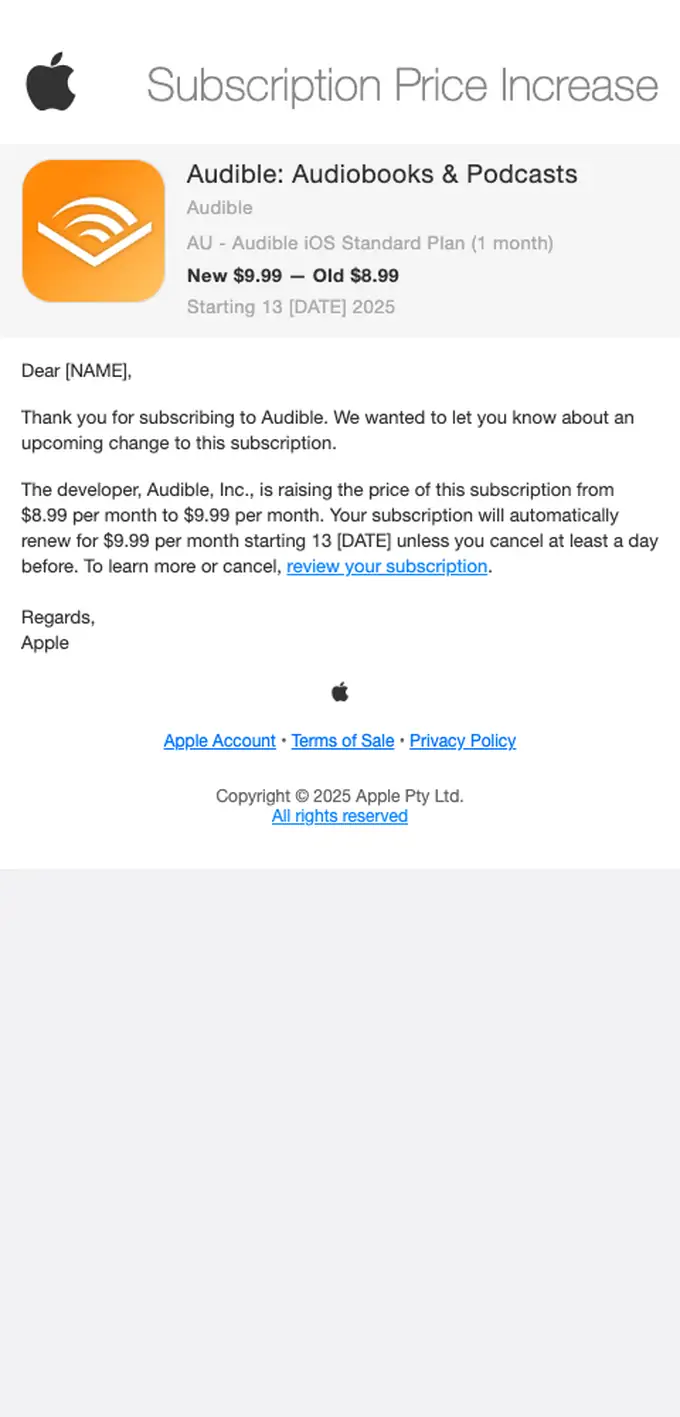 Apple subscription email, full length