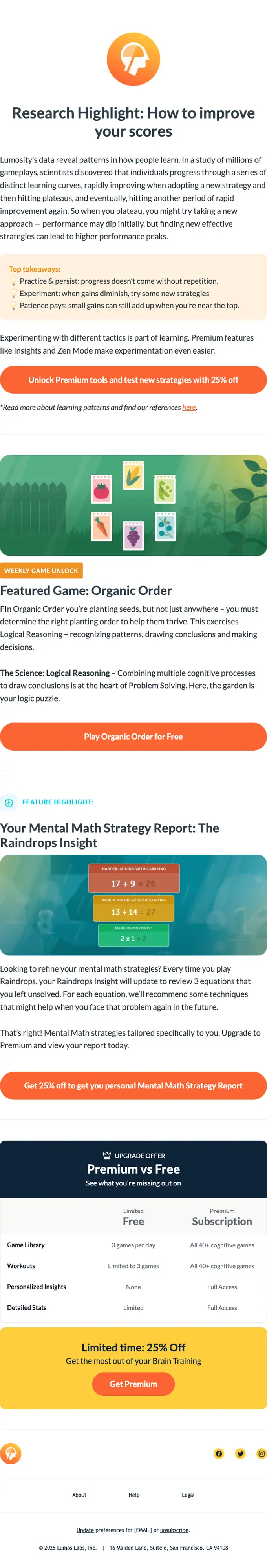 Lumosity newsletter email, full length
