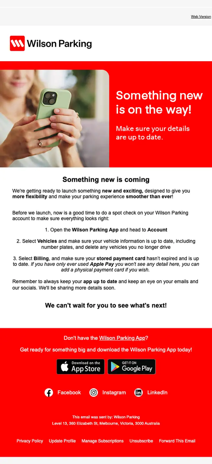 Wilson Parking Australia account notice email, full length