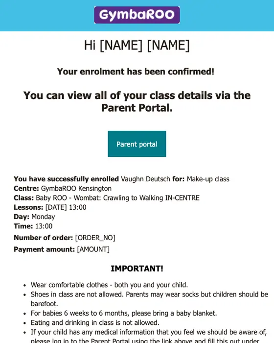 GymbaROO Australia payment confirmation email
