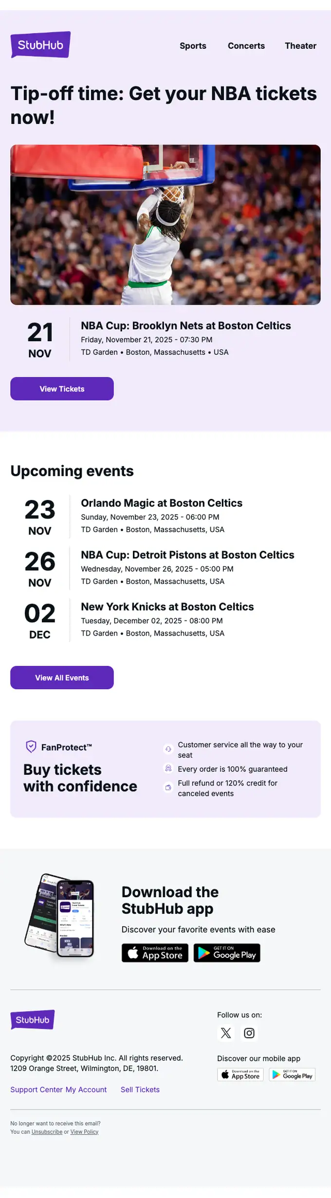 StubHub event invite email, full length
